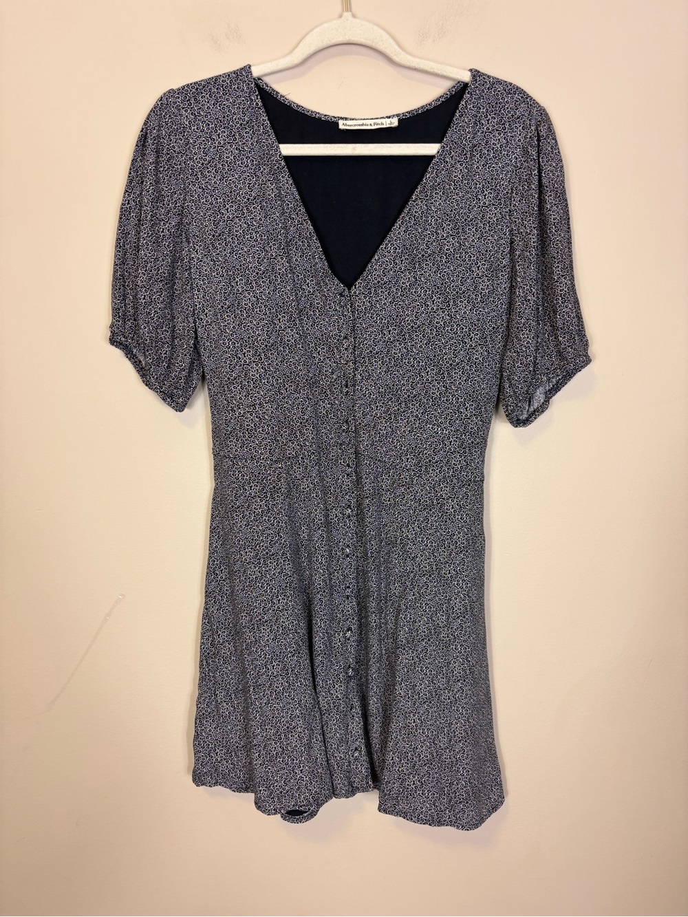 Abercrombie & Fitch Navy Micro-Print Button-Front V-Neck Mini Dress Large